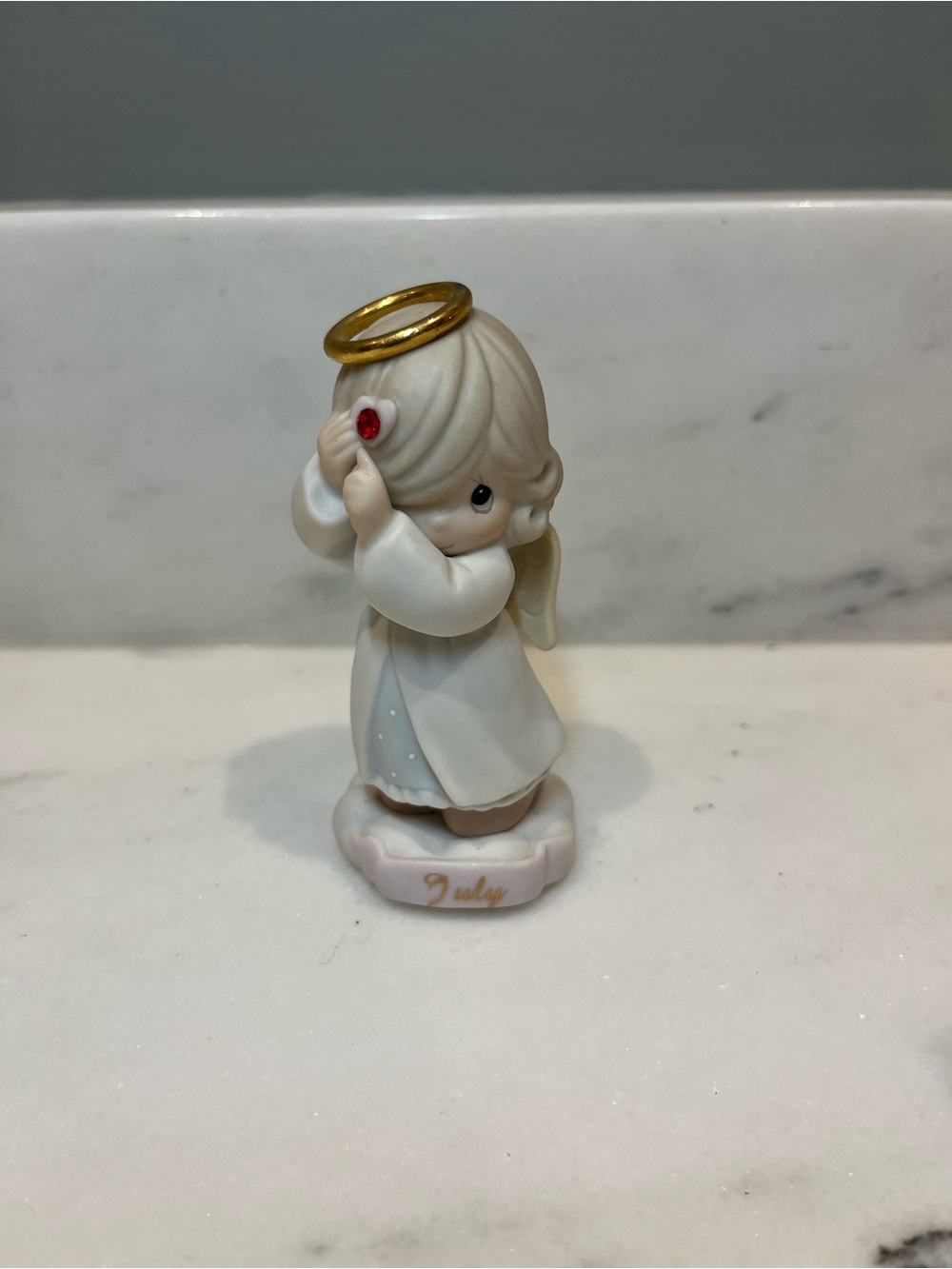 Vintage Precious Moments July White Angel Figurine with Gold Halo